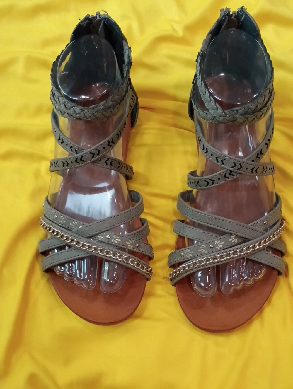 Jellypop Olive Braided Strappy Sandals with Gold Chain Detail